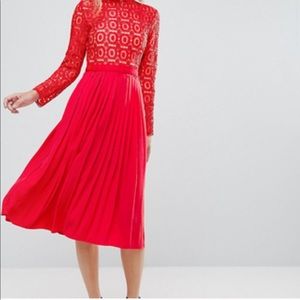 NWT Little Mistress Red Lace and Pleated Dress